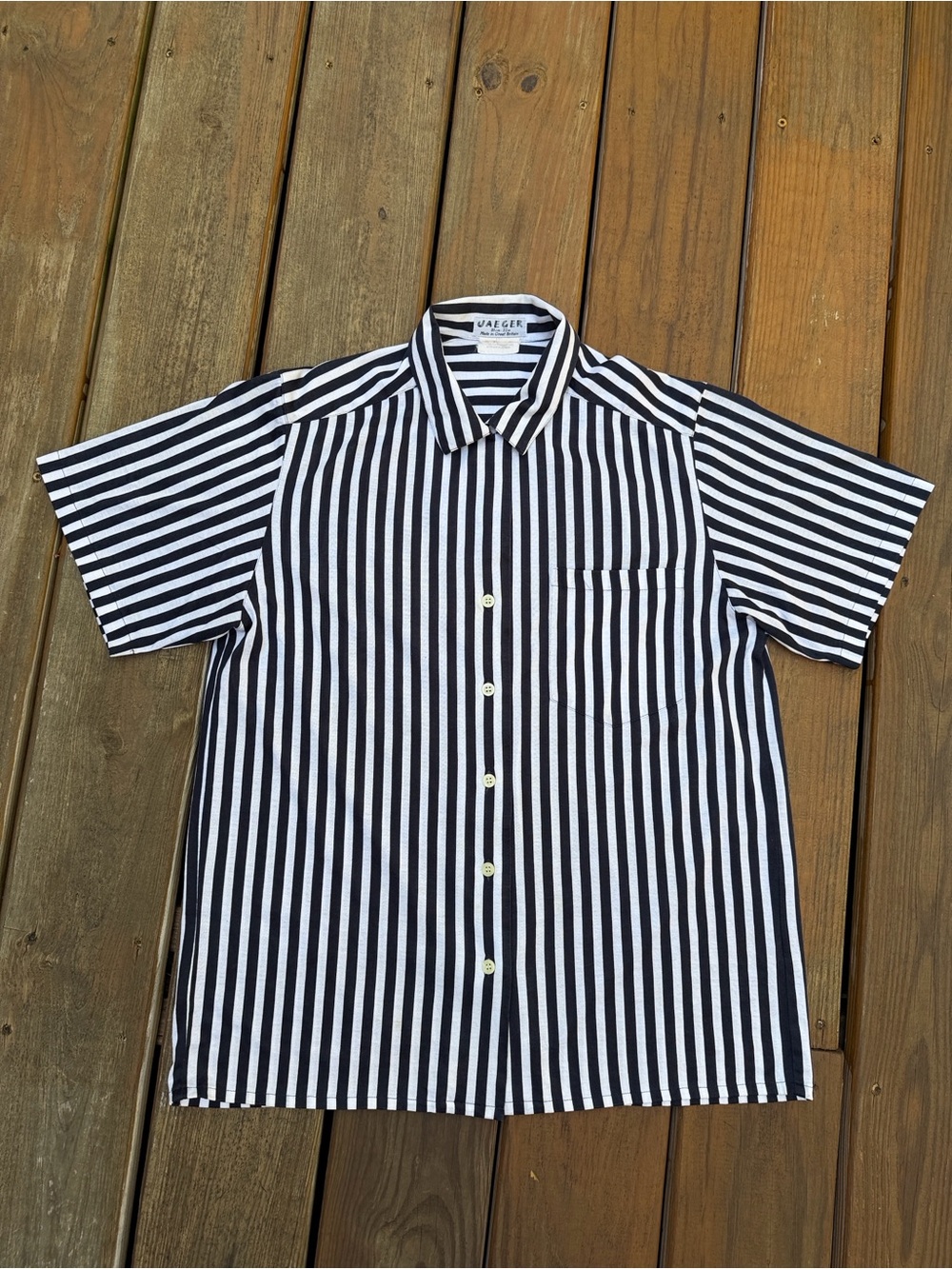Jaeger Vintage  Black & White Vertical Stripe Short Sleeve Button-Down Shirt